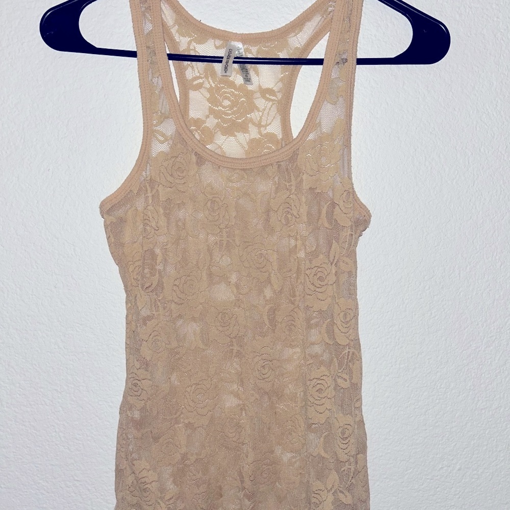 Color Story Floral Lace Razor Back Top in See Thru Tan